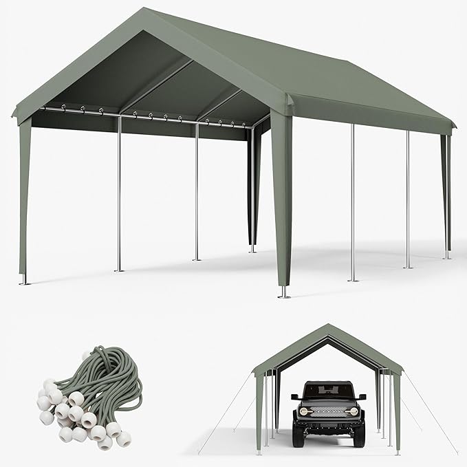 12 x 20 Ft Carport Replacement Cover, Heavy Duty Outdoor Car Tarp Canopy, Waterproof & UV Protected Tear Oxford Tarp with Ball Bungees (Frame is Not Included)