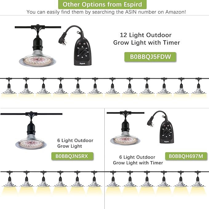 Espird Outdoor LED Grow Light, 12-Light Full Spectrum Grow Light Strip, Waterproof Plant Growing Lamps, UL Certified String Grow Lights for Greenhouse Garden, 41FT Outdoor Grow Light for Veg Seedling