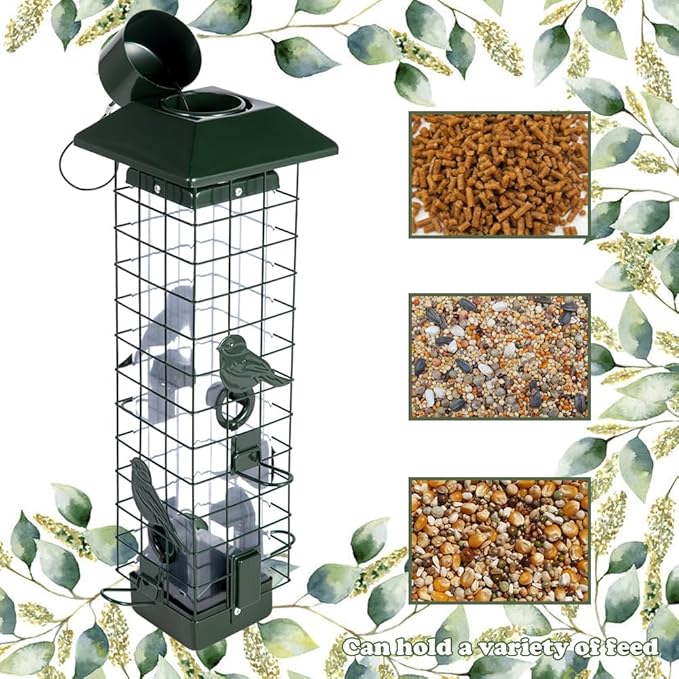 Squirrel Proof Bird Feeders for Outdoors, Metal Wild Bird Feeder for Outside Hanging, 4 Ports Perches, 3LB Large Capacity (Green)