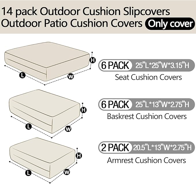 14Pieces Patio Cushion Covers Replacement Outdoor Couch Cushions Covers Splashproof Sofa Slipcovers Set with Zippers,Patio Furniture Protector Cover Only(Black,25×25×3.15 inches)