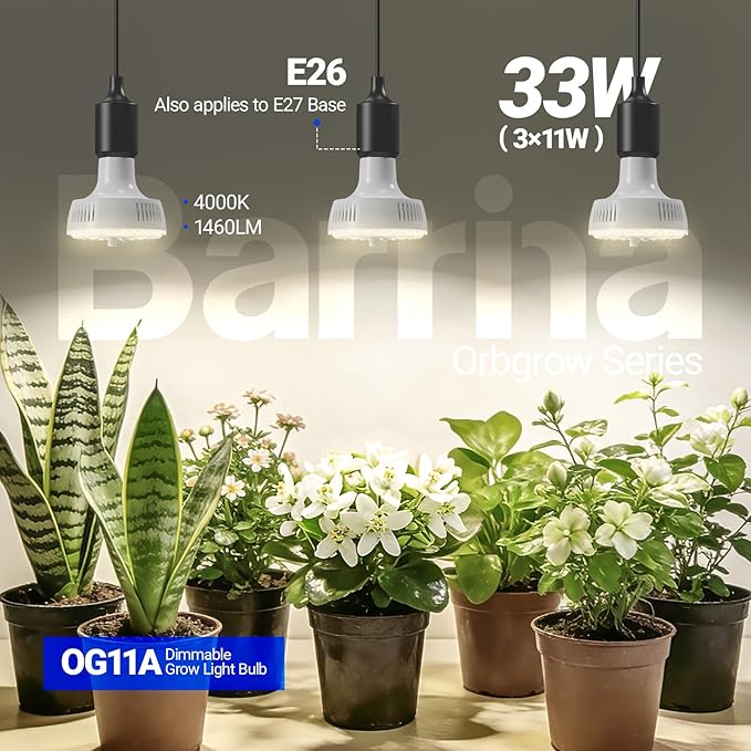 Barrina Orbgrow OG11A Grow Light Bulbs for Indoor Plants, Integrated Dimming & Timing, 4000K 33W(3 x 11W, 300 Watt Equiv), E26 Plant Light Bulb, Full Spectrum for Seeds and Greens, 3 Packs, White