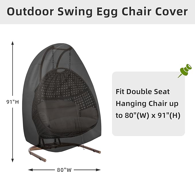 Easy-Going Patio Hanging Egg Chair Cover, UV Resistant Waterproof Outdoor Double Seat Swing Chair Cover with Zipper, Black