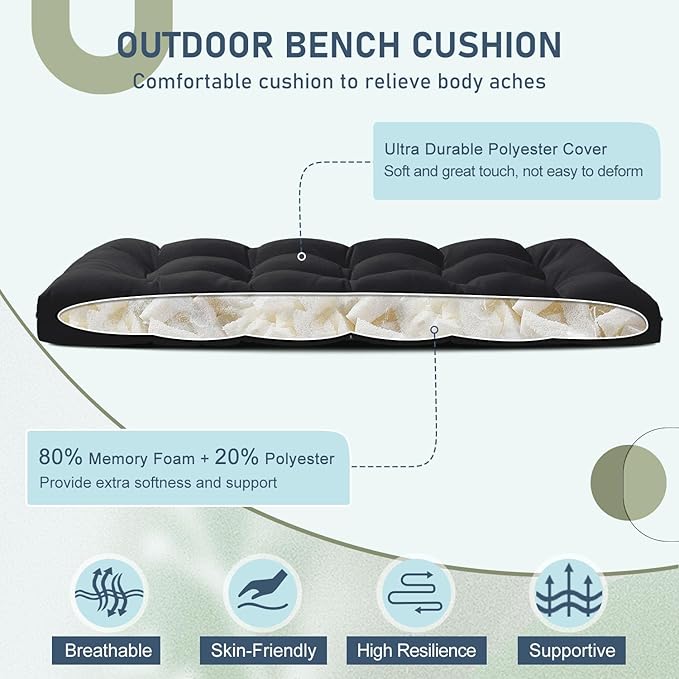 downluxe Outdoor Bench Cushion for Patio Furniture, Water Resistant Tufted Overstuffed Porch Swing Cushions, Thick Outdoor Loveseat Cushions, 44" X 19" X 5", Black, Set of 1
