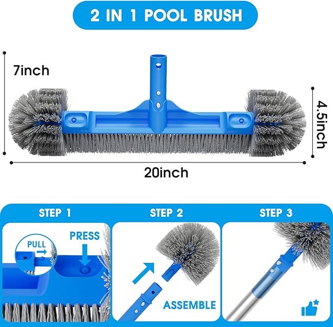 TidyMister Pool Brush Set - 20’’ 2-in-1 Detachable Round Brush with Extra Side Brush for Cleaning Hard-to-Reach Corners, 9 FT Aluminum Extended Pool Pole with Hidden Hook Retriever