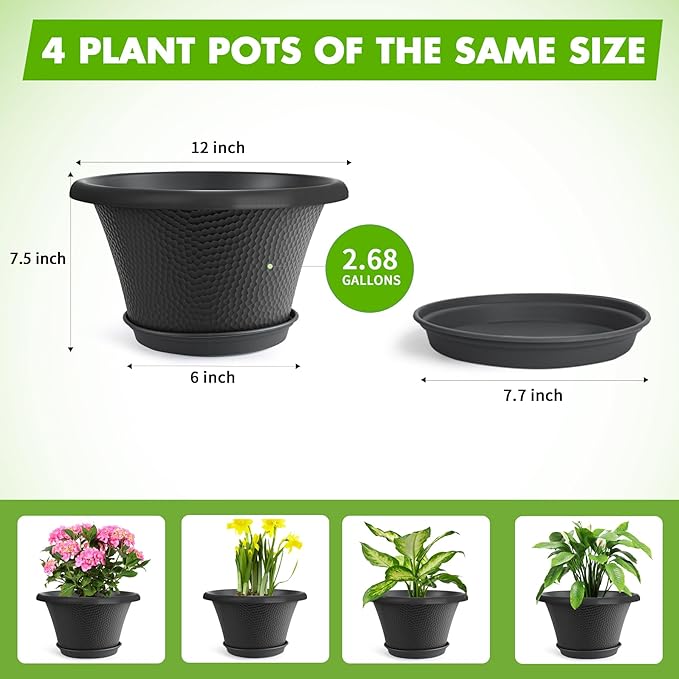 Quarut 12 Inch Pots for Plants,4 Pack Large Flower Pots with Drainage Hole & Saucer,Modern Planters for Indoor Outdoor Plants,Decorative Resin Garden Pots Black