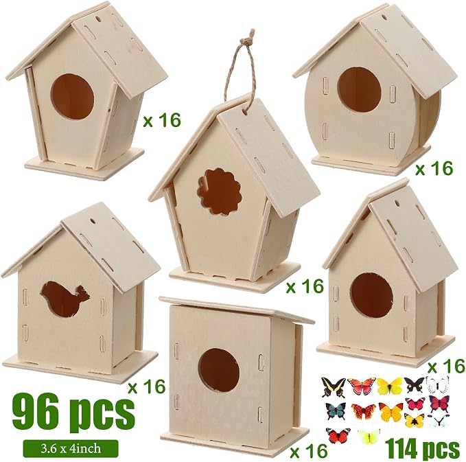 Kisston 272 Pcs DIY Birdhouse Kits for Kids Ages 5-8, 8-12, 120 Wooden Bird Houses Kit in 6 Shapes and 152 Stereoscopic Butterfly Sticker for Children Craft Class Activity Art DIY Project