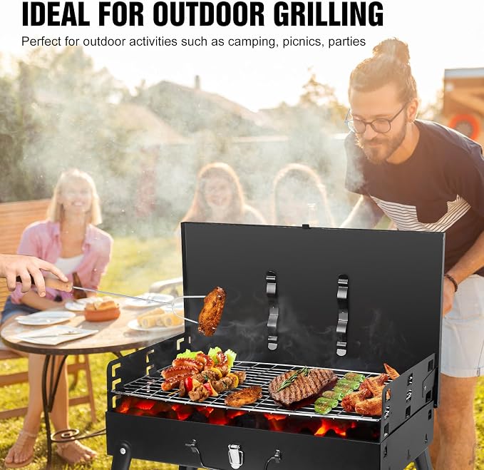 Portable Charcoal Grill, 16.7x10x17.7in Mini Foldable BBQ Suitcase Grill with Lid for Outdoor Camping, Picnics, Garden Grilling Cooking