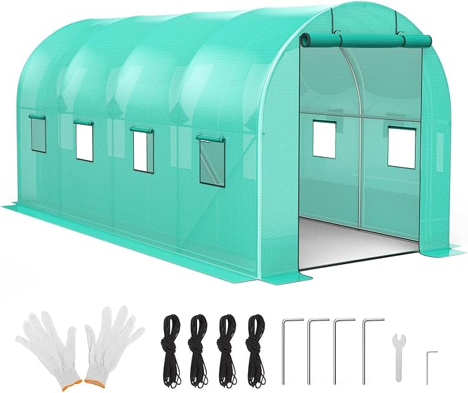 GarveeLife 8*13*7 ft Portable Walking in Tunnel Tent, Walk-in Greenhouse with Bottom widening Design, Galvanized Pipe, Full-Opening Roller Zippered Door & 6 Screen Windows, Greenhouses for Outdoors