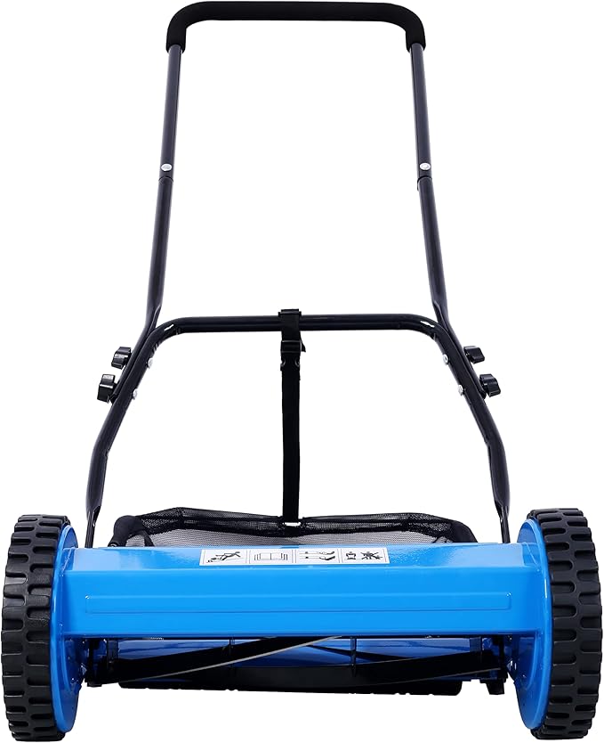 KEIKI 16-Inch Manual Lawn Mower, Push Reel Mowers w/Grass Catcher & Adjustable Cutting Height, 2-Wheels Small Lawnmower with 5 Steel Blades for Graden, Spaces Saving & Easy Assembly, Blue