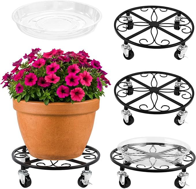 4 Pack Plant Caddy with Wheels 13.5 Inch Rolling Plant Stand for Large Plants Heavy Duty Plant Rollers Metal Plant Dolly Rustproof Planter Stand Wrought Iron Plant Stands Flower Cart Indoor Outdoor