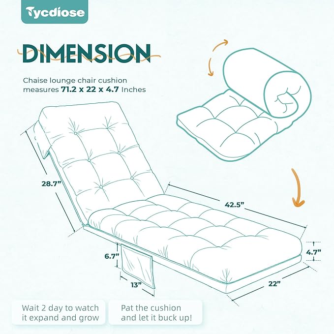 Outdoor Lounge Chair Cushion, Waterproof Replacement Chaise Lounge Cushions for Outdoor Furniture Thickened 71 x 22 x 4.7 Inches Non-Slip Patio Pool Lounge Chair Cushions with Ties (Teal)