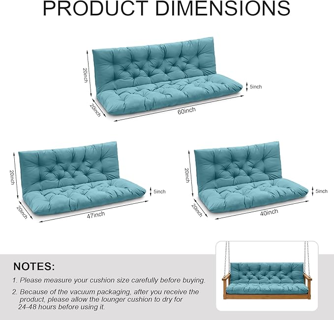 Porch Swing Cushions, Outdoor Swing Replacement Cushions 3 Seater with Backrest, Waterproof Bench Cushion with Ties,for Patio,Porch, Garden,Backyard (Lake Blue 60 * 40 in)