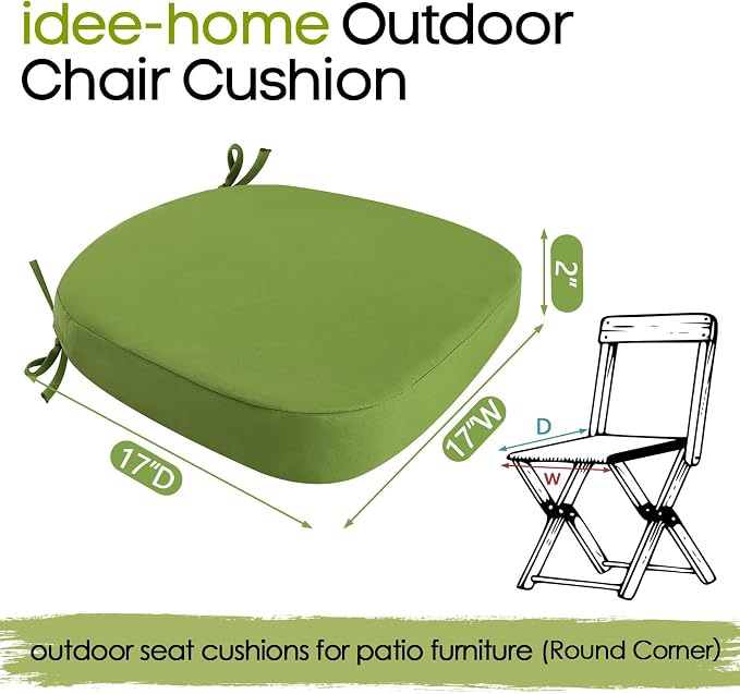 idee-home Outdoor Chair Cushions Set of 4, 17" x 17" x 3" Thick D-Shaped Patio Furniture Outdoor Seat Cushions Waterproof with Ties, Dining Pads
