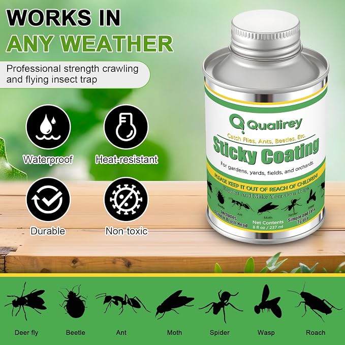 Qualirey 2 Pack Tangle Trap Sticky Coating with Brush, Insect Barrier Outdoor DIY Adhesive Traps Coating Lanternfly, Deerflies,for Gardens, Orchards and Around The Home to Protect Trees Plants (8 oz)