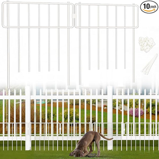 Thrivinest 10 Pack Animal Barrier Fence, No Dig Fence Decorative Fences, 17in(H) x10ft(L) Rustproof Metal Small Garden Fence Border for Dogs Rabbits, Bottom Blocker for Outdoor Yard Patio, White