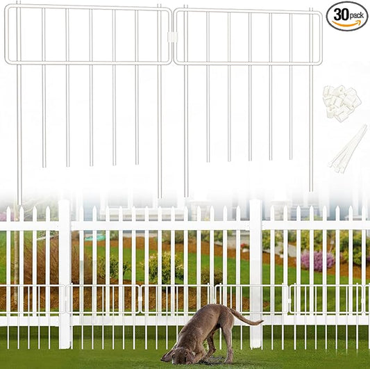 Thrivinest 30 Pack Animal Barrier Fence, No Dig Fence Decorative Fences, Rustproof Metal Small Garden Fence Border for Dogs Rabbits (White, 30 Pack,30Ft)