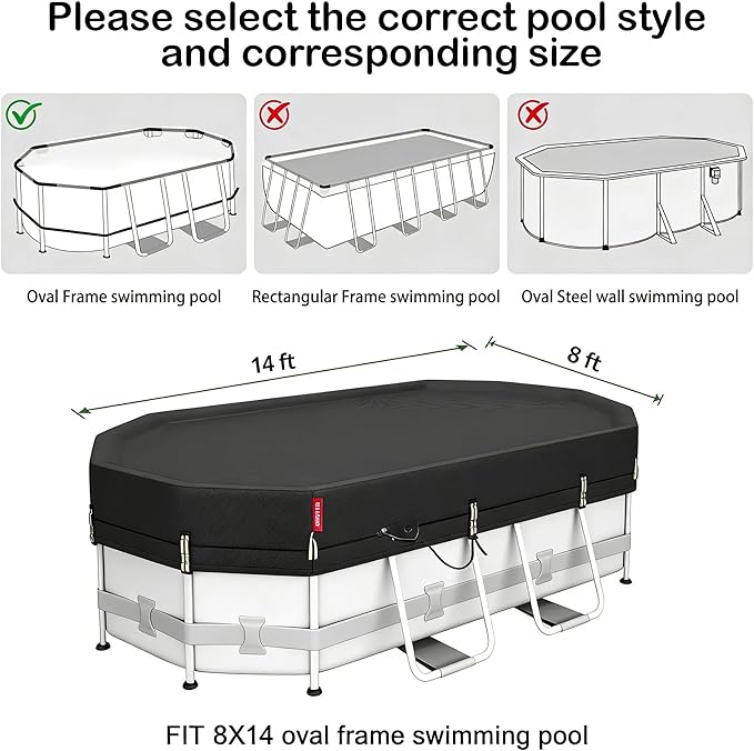 QH.HOME 8.2x14ft Oval Pool Cover,[Ultimate Windproof & Tear-Resistant Fabric],Snug Fit with Patented Ratchet & Weight Rings,Solar Pool Cover for Above Ground Pools, Blocks Leaves &Waterproof