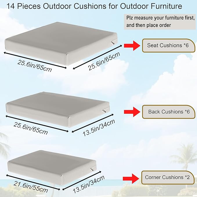 Outdoor Replacement Cushions for Patio Furniture, Splash-Resistant and Fade-Resistant 14 Pieces Outdoor Couch Cushion, 25.6x25.6x4 Inch Sofa Pad with Removable Fabric Cover