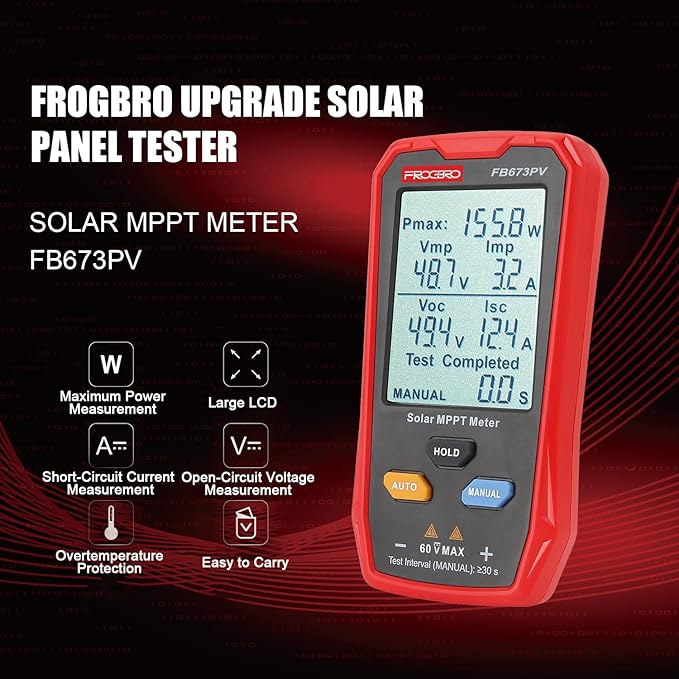 FrogBro Upgrade Solar Panel Tester Meter Photovoltaic Multimeter 800W, Solar MPPT Meter with Large Ultra Clear LCD, Smart MPPT Open Circuit Voltage Troubleshooting Utility Tool for Solar PV Testing