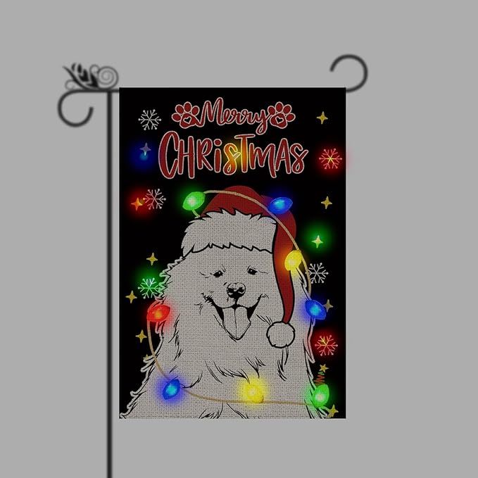 Christmas Dog Garden Flag - Led Samoyed Christmas Decor for Outside, Welcome Garden Flags Double-Sided Flag for Seasonal Christmas Winter Farmhouse Yard Lawn Decoration Gifts 12x18 inches