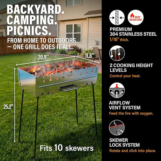 Stainless Steel Charcoal Grill for 10 Skewers – Portable BBQ 20.87"×9.45"×20.87" – Foldable Kabob Mangal – Durable Rustproof Grill for Picnic & Camping