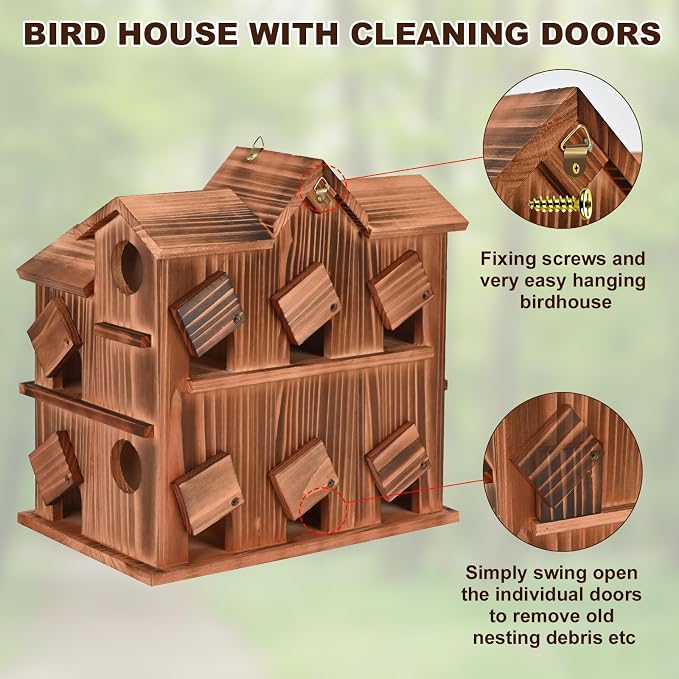 Wooden Bird Houses for Outside, 10 Rooms Bird House with 1.57" Entrance Holes Large Bird Nesting Box for Bluebird Wren Chickadee Cardinals, Hanging Birdhouse for Outdoors with Individual Cleaning Door