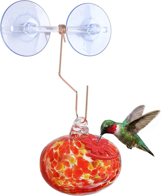 QFkris Blown Glass Hummingbird Feeder with Suction Cups for Window, Small Hummingbird Feeder with Flower Feeding Ports for Outside Garden Backyard Decor, Gifts for Women Mom(Orange)
