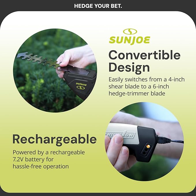 Sun Joe HJ604C Cordless Grass Shears and Hedge Trimmer, 2-in-1 Handheld Shrub Trimmer, 7.2V Lithium-Ion Battery, 1250 RPM Steel Blades, Charger Included