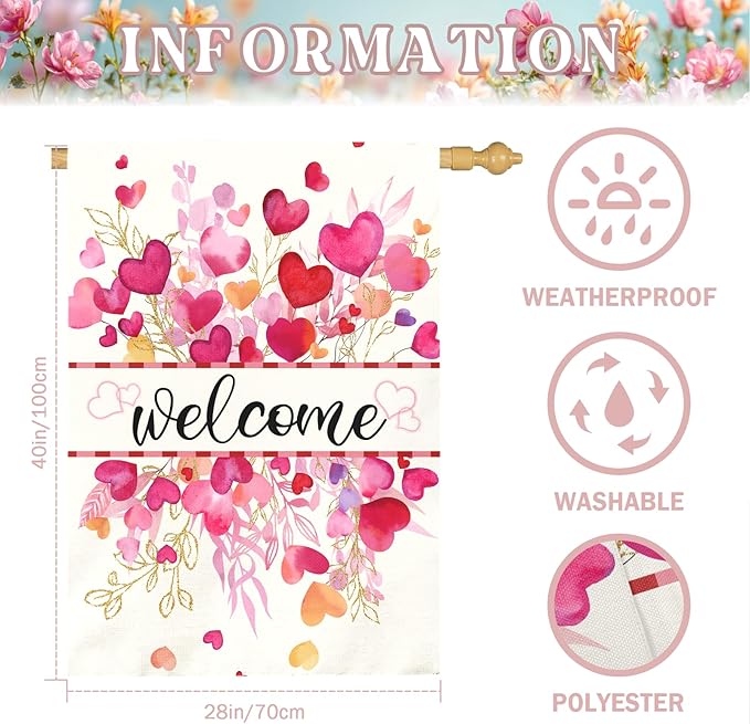 Valentines Day Garden Flag Welcome Heart Large Double Sided House Banner Romantic Red Pink Love Hearts Yard Flags for Porch Patio Lawn Farmhouse Wedding Anniversary Party Decor 28x40 Inch