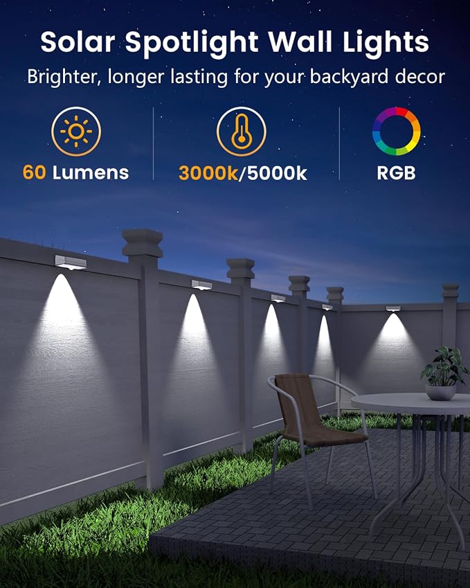 JOFIOS Solar Fence Lights Outdoor, 12 Pack, 50LM Ultra Bright, 10 Colors & 12 Lighting Modes Solar Deck Lights, IP65 Waterproof, Dusk-to-Dawn Solar Powered Fence Light for Patio, Railing (White)
