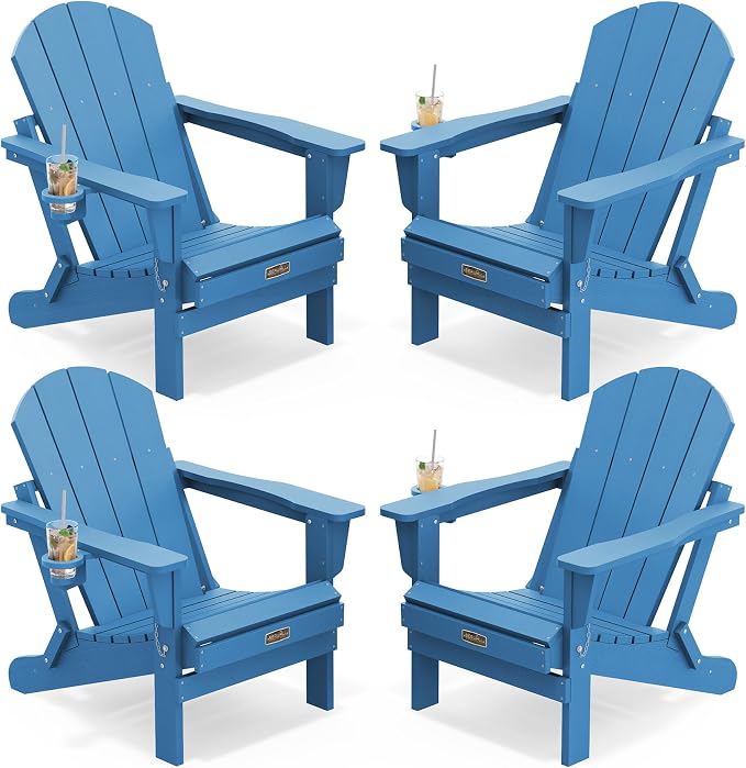 SERWALL Folding Adirondack Chair Set of 4, Weather Resistant HIPS Patio Chairs with Cup Holder for Garden Outdoors Fire Pit Chairs- Sapphire