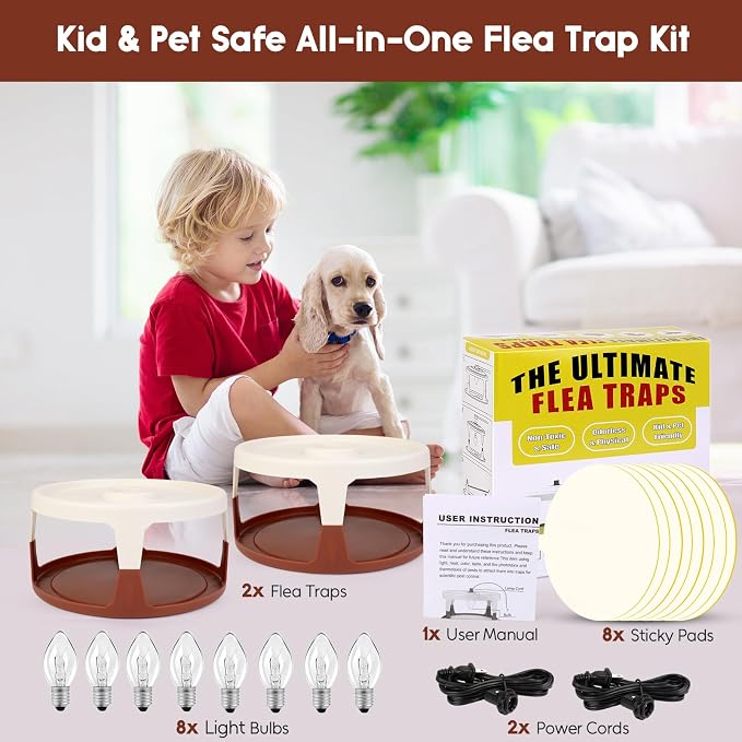 Flea Traps for Inside Your Home, 2 Pack Indoor Flea Light, Electric Bed Bug Insect Killer with 8 Sticky Pads & 8 Light Bulb Replacement, Natural Pest Control w/Glue Discs Refills, Safe for Kid Pet