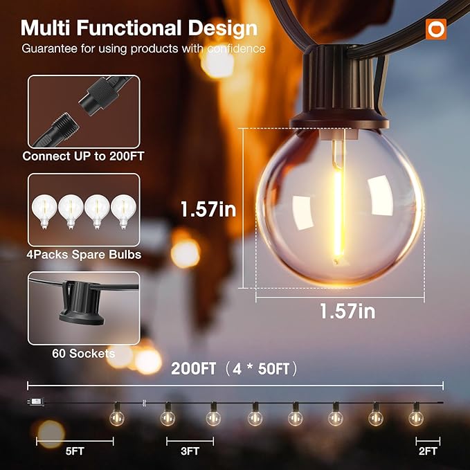 addlon 200FT Outdoor String Lights G40 with Remote Control, Dimmable Patio Globe LED Lights Waterproof Shatterproof, Hanging Outside Lighting for Backyard, Garden, Deck, Balcony, Porch, Café, Bristo