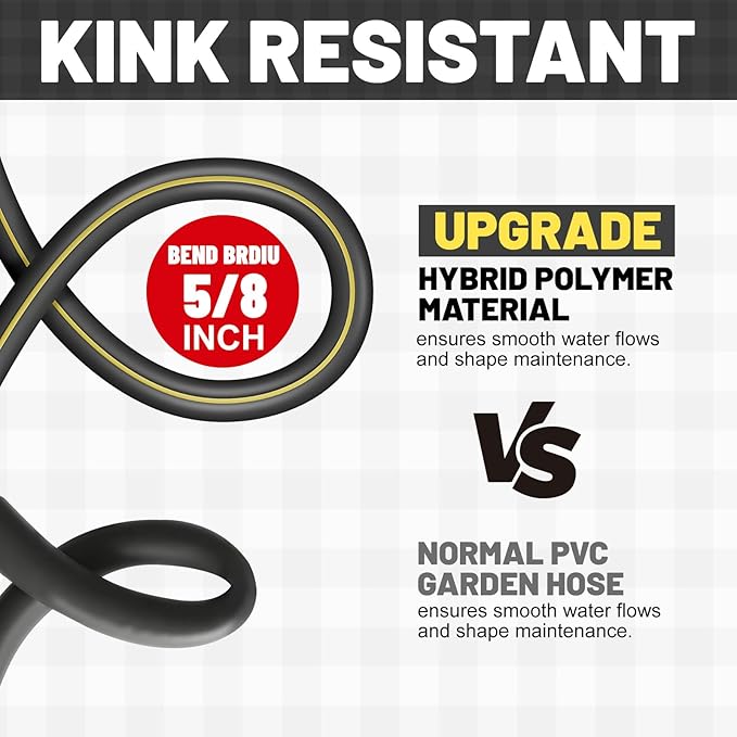 Hybrid Rubber Garden Hose 5/8 Inch, 50 ft Heavy Duty Kink-Free Water Hose, 3-Layer Reinforced, 600 PSI Burst Pressure, Water Safe, All-Weather Flexible Hoses for Yard, Lawn (Black,50 ft)