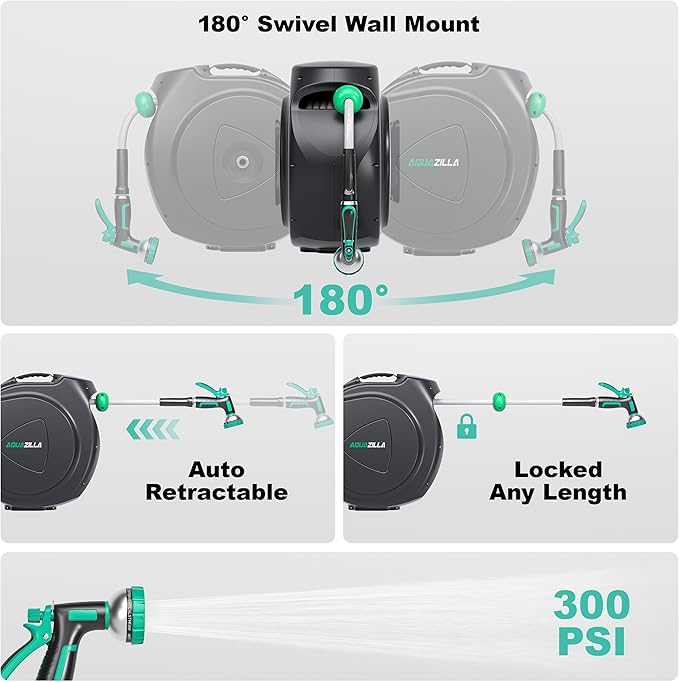 Retractable Garden Hose Reel, 100Ft x 1/2" Durable Wall Mounted Water Hose Reel with 180¡ãSwivel Bracket, 9 Pattern Sprayer, 6Ft leader hose,Smooth Automatic Rewind, Any Length Lock.