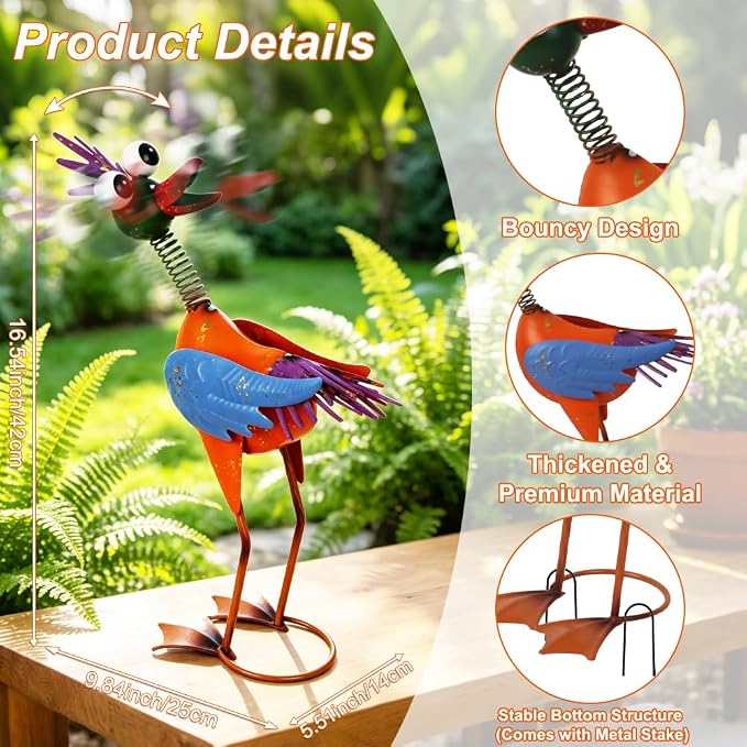 Metal Wacky Rooster Garden Statue for Patio, Backyard, Lawn | 16.54'' Rooster Decor, Yard Statue Decorations Outdoor, Chicken Yard Art, Yellow & Blue