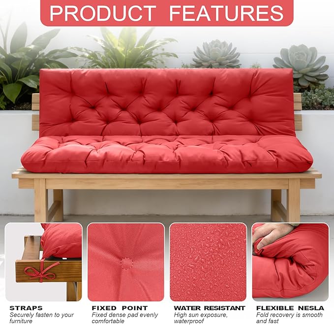 Porch Swing Cushions, Outdoor Swing Replacement Cushions 3 Seater with Backrest, Waterproof Bench Cushion with Ties,for Patio,Porch, Garden,Backyard