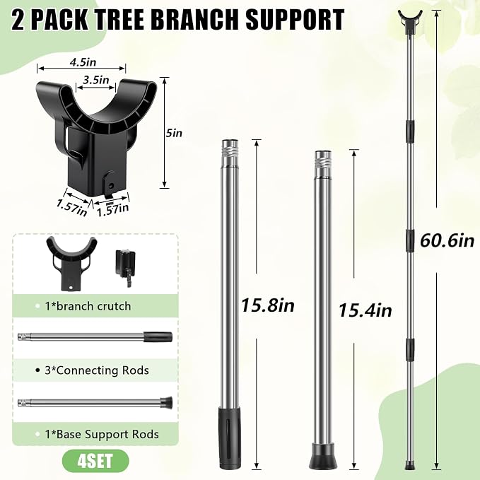 2 Set Stainless Steel Tree Support Pole with Upgraded Crutch, 18-60.6 Inch Adjustable Tree Branch Support for Fruit Trees Leaning Plant Breakage Prevention