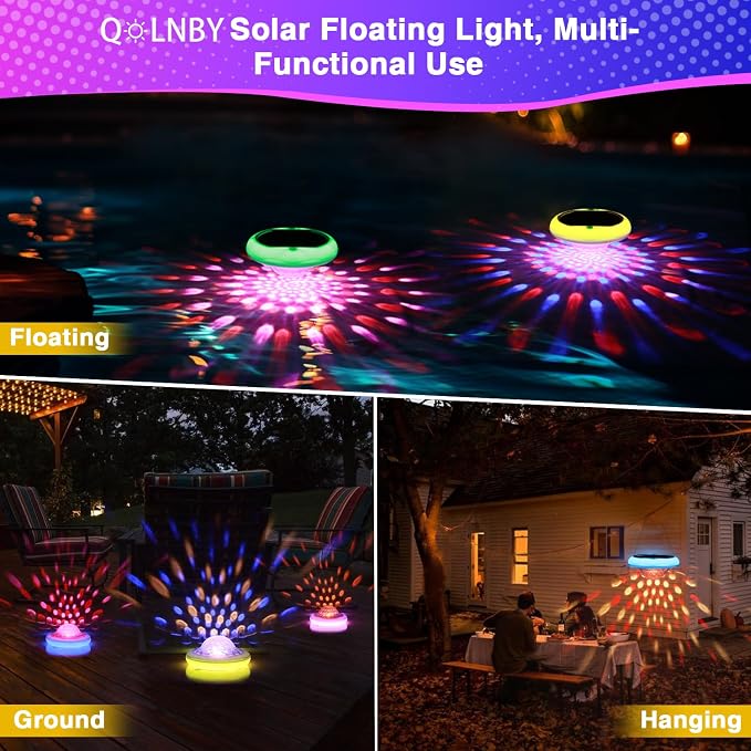 Solar Floating Pool Lights(2 PACK), USB Rechargeable Pool Lights, 6.69 Inch IP68 Waterproof Pool Lights That Float 6 Dynamic Modes with Remote Upper and Lower Glow 2600mAh Hangable Light for Pond