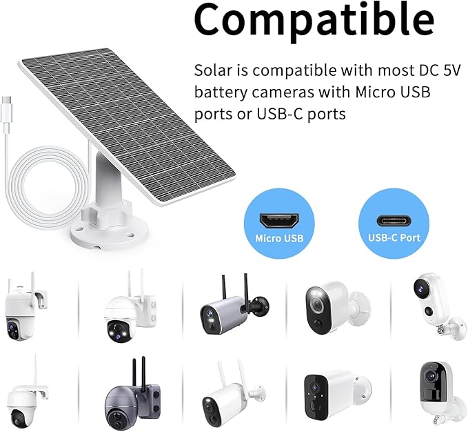 5V 5W USB Solar Panel for Outdoor Security Camera, USB C Solar Panel Charger with Micro-USB Adapter, IP65 Waterproof Solar Panel with 9.8FT Cable for DC 5V Rechargeable Battery Camera (1)