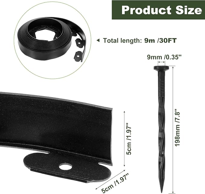 uxcell Landscape Edging, 1Pcs 30FT x 2" - Garden Edging Kit with 27 Stakes, Landscape Edging Border for Garden Lawn Flower Bed Yard Grass (Black)