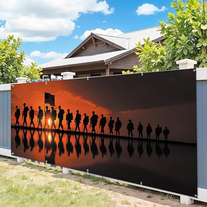 16x7Ft Patriotic American Soldier Silhouette Military Memorial Day Garage Door Decoration Flag, Military Tribute flag Garage Door Banner Sunset USA Flag Patriot Themed Outdoor Decor