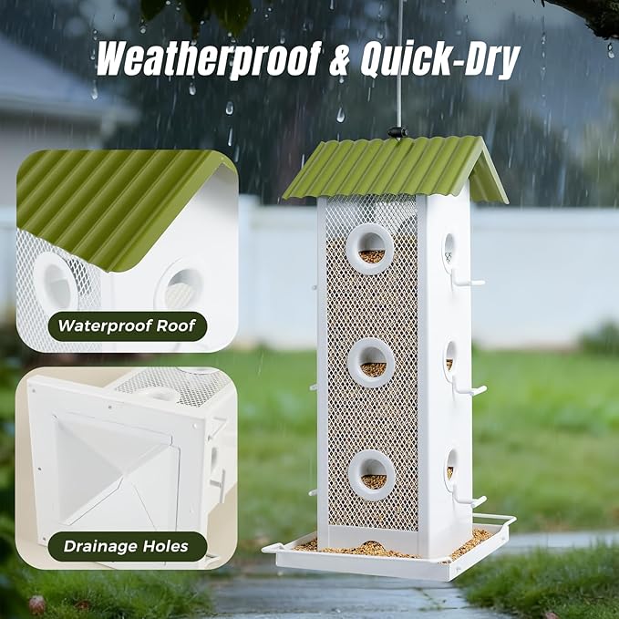 All Metal Bird Feeder for Outdoors Hanging | 14-Port Multi-Bird Viewing | Premium Finish, Waterproof & Easy-Clean | Attracts Cardinals, Finches, Chickadees & More (Crisp White & Green)