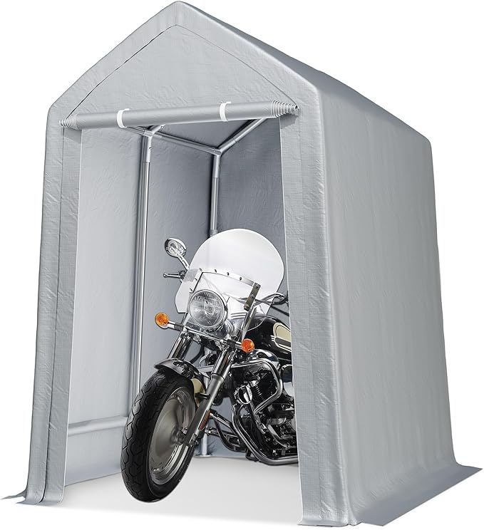 GarveeLife Carport Canopy, 6x9 ft Heavy Duty Carport Waterproof, Portable Garage With Removable Sidewalls & Doors Car Canopy With All-Season Tarp for Motorcycle, Bike, Garden Tools, Grey