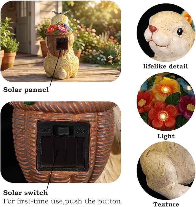PETAFLOP Solar Garden Statues Outdoor Decor, Rabbit with Flower Basket & Butterfly Birthday for Patio Balcony Backyard Lawn Yard Decorations, Housewarming Gifts for Women, Mom, Grandma