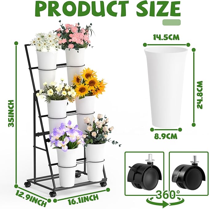 Invech Flower Display Stand with 6 Buckets and Wheels, 3 Tier Flower Cart Display Stand for Indoor Outdoor Garden, Wedding, Flower Shop (Existing Patent)