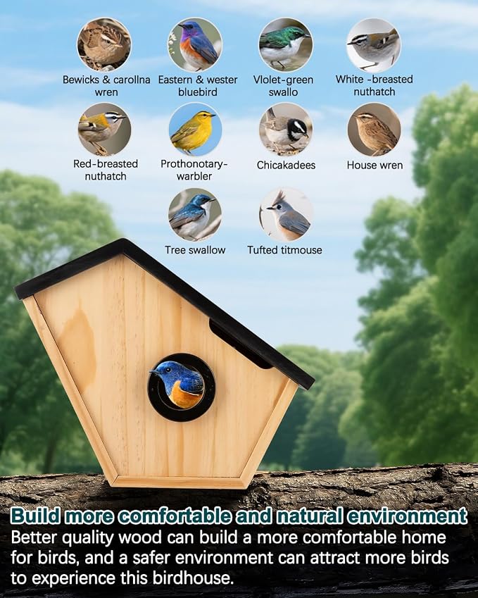 Bird House with Camera, Wireless Birdhouse for Outside with 2K HD Camera, 2.4G WiFi, App Notify, Solar Powered, Night Vision, AI Identify, Ideal Bird Nesting for Blue Bird and Cardinal