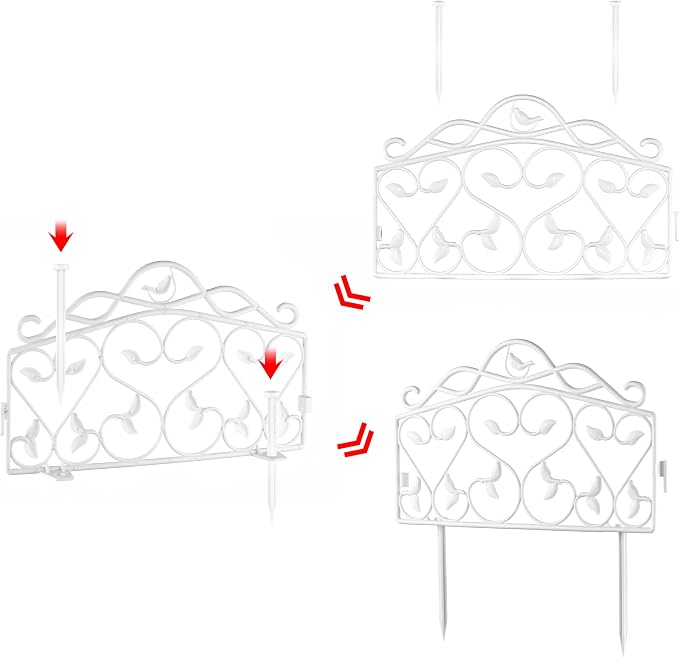 Evelyne Decorative Garden Border Plastic Edging – PP Plastic, Short Metal-Free Faux Wrought Iron Leaf & Bird Design, 8pcs Yard Landscaping Fence Liner Lawn Edge Barrier, 10ft Kit of Decorative Panels