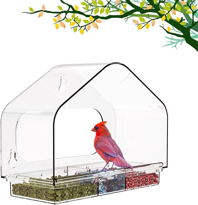 Window Bird Feeder,Powerful Suction Cups,House Bird-Watching Windows,Squirrel Proof Bird Feeder,Drainage Hole,Removable Tray,Large Capacity Seed Storage,The for Bird Lovers