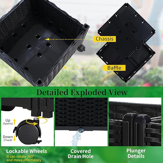 FOLLOOK Planter Box with Trellis Outdoor, 57in Plastic Raised Garden Bed with Trellis Hanging Roof for Vine Flower, with Lockable Wheels & Drain Plug for Patio Backyard Balcony, Black, 1 Pc